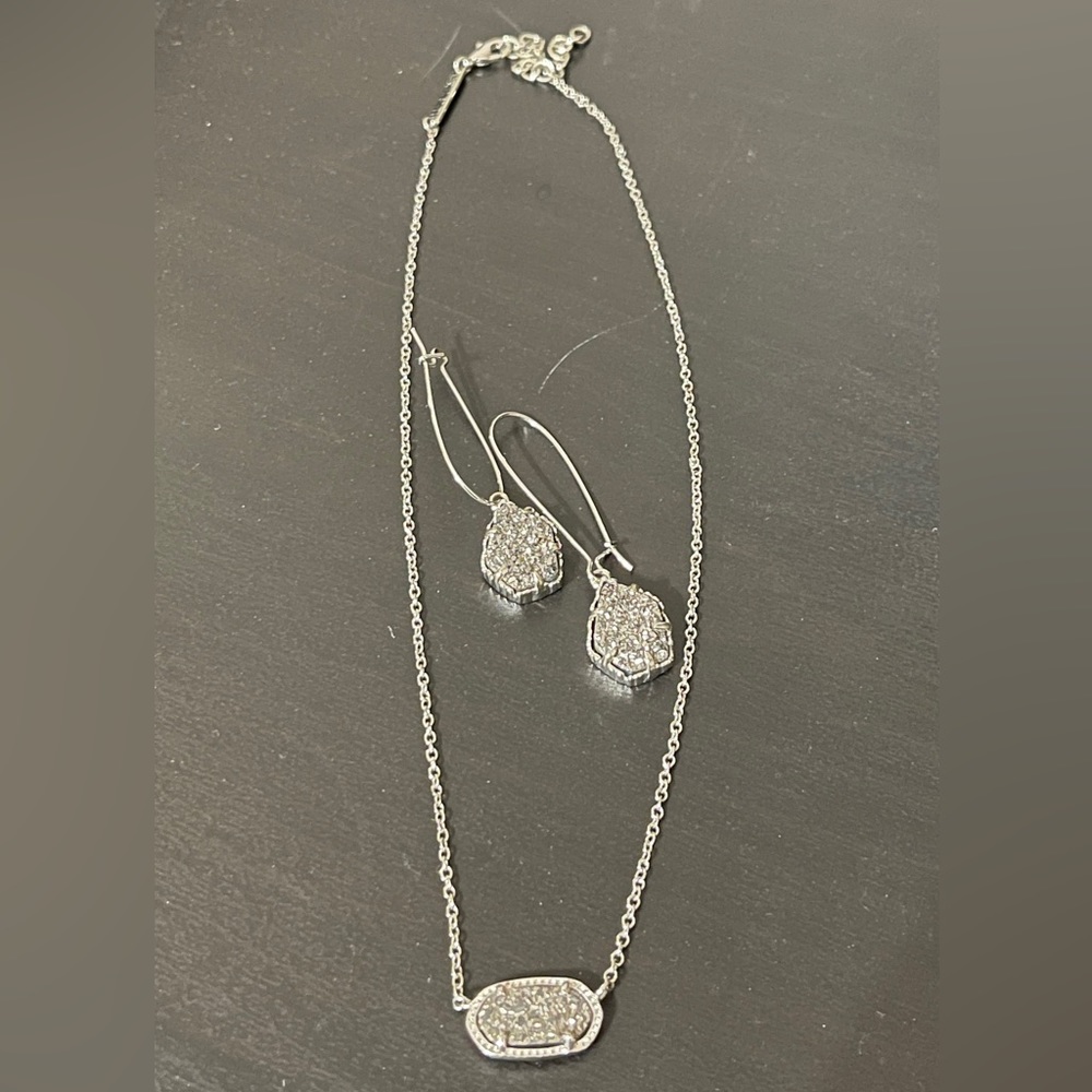Kendra Scott silver drusy 16”necklace and earrings